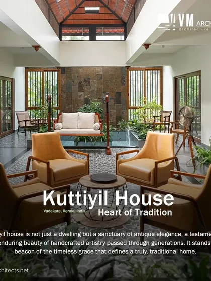 At the heart of Kuttiyil House is this traditional open-to-sky courtyard, a modern interpretation of Kerala's classic 'nalukettu' architecture. It's a breathing space that fills the home with light, air, and a sense of timeless tranquility.