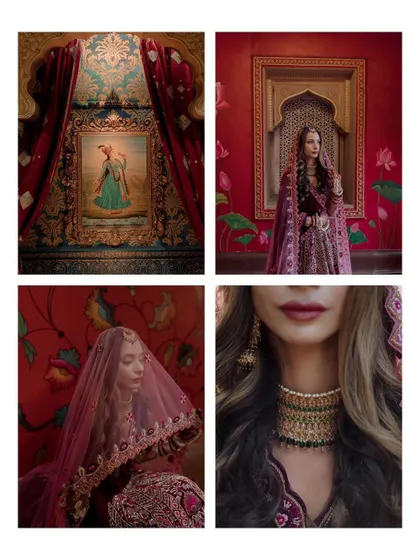 A collage of stunning bridal portraits against a rich, red, hand-painted wall, highlighting her jewelry and the artistic details of the venue.