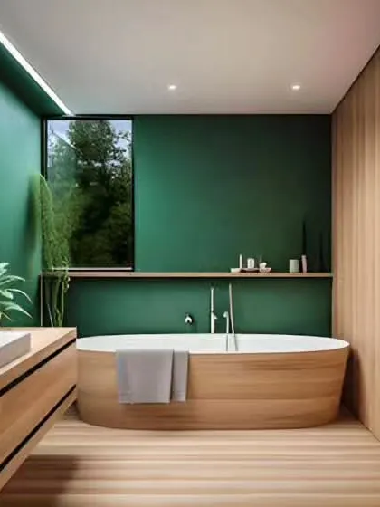 We used a bold sage green for the walls in this bathroom, creating a stunning contrast with the wooden vanity and bathtub. The space feels natural, serene, and incredibly chic.
