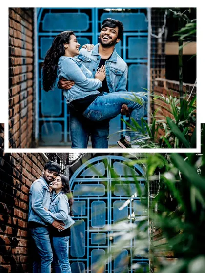 A collage of playful and happy moments, with the groom lifting his fiancée in a brick alleyway.