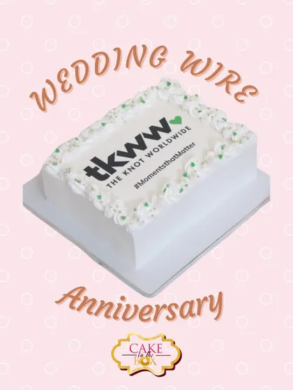 A simple and clean sheet cake for The Knot Worldwide's anniversary. The cake features the company's logo and hashtag printed on an edible sheet, framed with elegant buttercream piping.