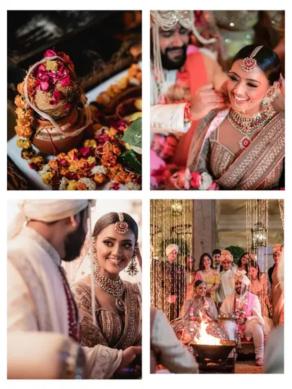 This collage captures several key moments from a Hindu wedding ceremony, including the sacred fire, the couple's loving glances, and details of the rituals.