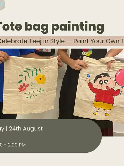 Our special Teej-themed tote bag painting workshop poster, showing off the beautiful and fun designs created by our participants.