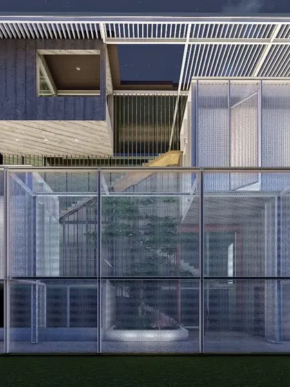 A digital rendering of Residence B in South Delhi, conceived as an abstract interpretation of a traditional courtyard. The design stacks contrasting volumes of solid concrete and transparent glass, creating a dynamic composition of heavy and lightweight forms.