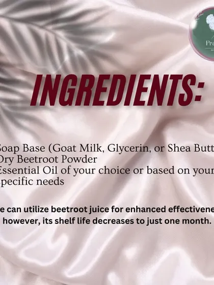 These are the ingredients for my Beetroot Soap. I use a gentle soap base, dry beetroot powder, and your choice of essential oil. I can even use fresh juice for extra potency.