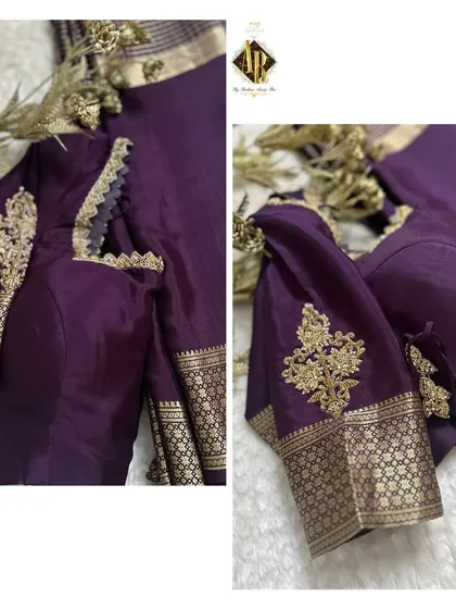 A deep purple blouse with elegant placement embroidery on the puff sleeves. The saree's original zari border is used at the cuff.
