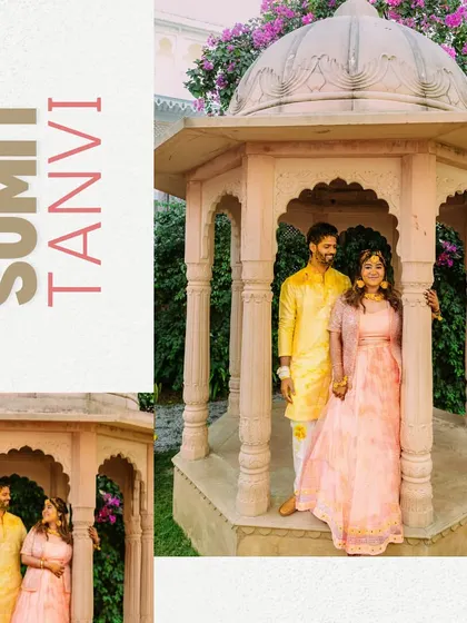A beautiful couple portrait taken in a stone gazebo during their Udaipur haldi event, showcasing their coordinated outfits.