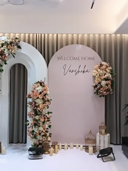 An elegant and clean welcome home decoration for baby Vanshika. I used beautiful pastel flower arrangements on modern white arch backdrops to create a sophisticated and warm welcome for the new mom and baby.