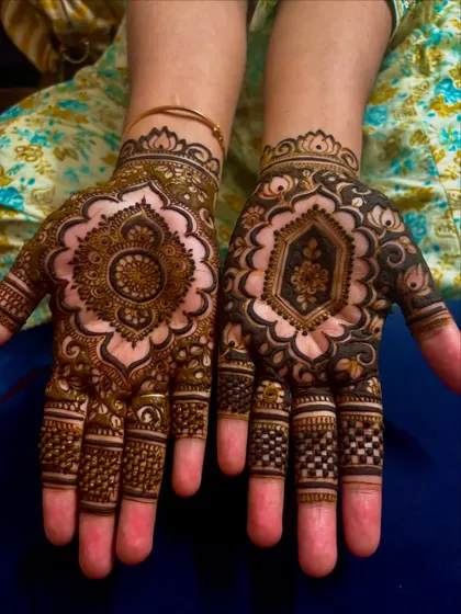 A unique design with two different mandala styles on each hand. One features a circular motif, while the other has a geometric hexagon shape.