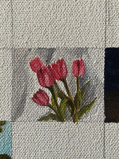 A mini-painting of a bunch of pink tulips.