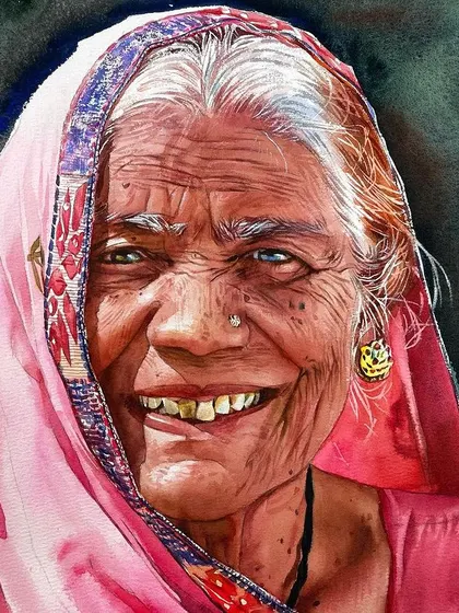 The genuine, wide smile in this portrait was a joy to paint. I used a vibrant pink for her sari to reflect the warmth of her expression, creating a piece that feels full of life and happiness.