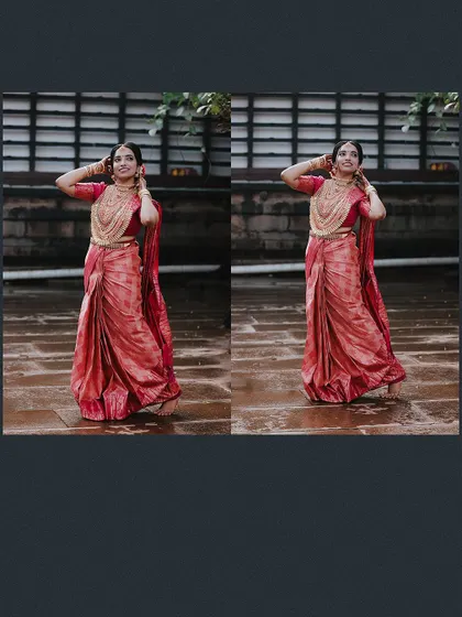 A diptych of the bride's elegant poses in her pink saree.