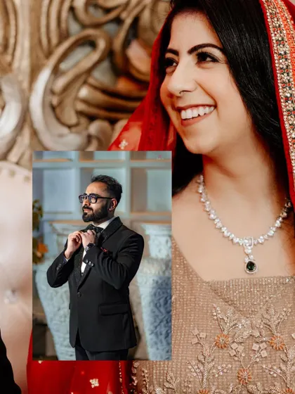 A collage showing the bride's happy smile and the groom's dapper look, capturing the joy of their engagement day.