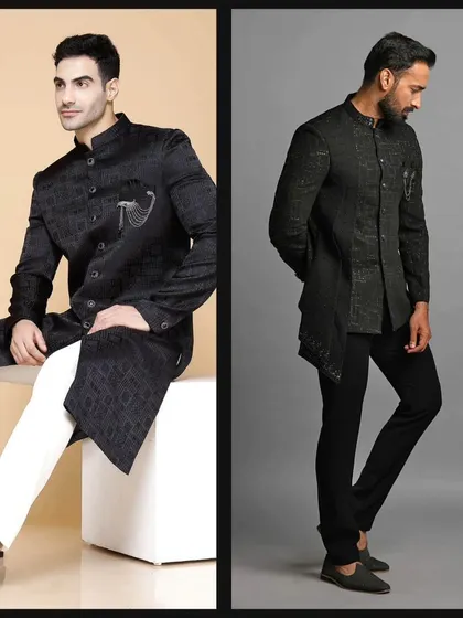 A black jacquard Jodhpuri and a black asymmetric Indo-Western. Two unique, fashion-forward looks.