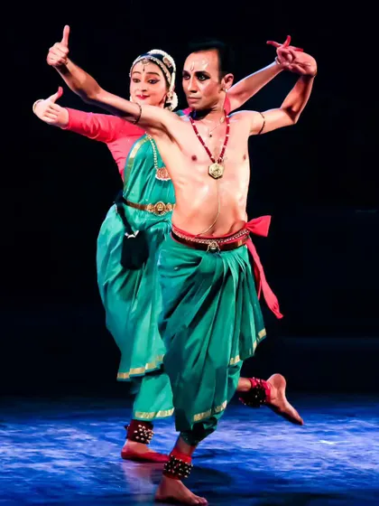 My students and I in a dynamic pose from "Tyāgarāja Hṛt Sādana." The interplay between the lead dancer and the ensemble creates a rich and layered performance.