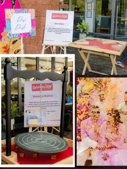 The Haldi was designed to be fun and interactive. We set up various games from Gamology, like 'Disc Dash' and 'Balance Battle', to keep guests engaged and entertained throughout the celebration.