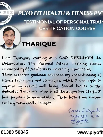 This is a written testimonial from Tharique, a CAD designer in Doha, Qatar. He found our Personal Fitness Training classes incredibly informative and appreciated the expert guidance that enhanced his understanding of fitness techniques.