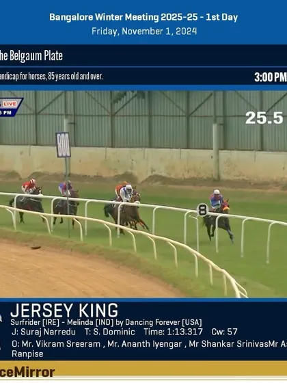Race 4 results from November 1, 2024: Jersey King wins The Belgaum Plate.