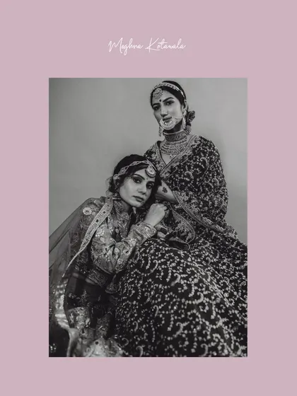 A powerful black and white image of two brides we styled. Their distinct looks, one traditional and one more contemporary, highlight our ability to cater to individual personalities while creating a cohesive story.