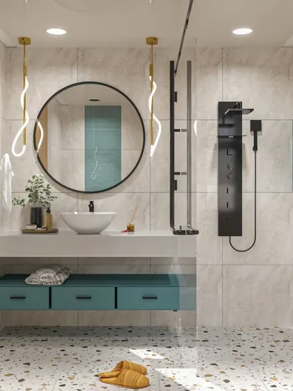 The full view of the 'Blues & Hues' bathroom, a perfect blend of modern design, soothing colors, and interesting textures.