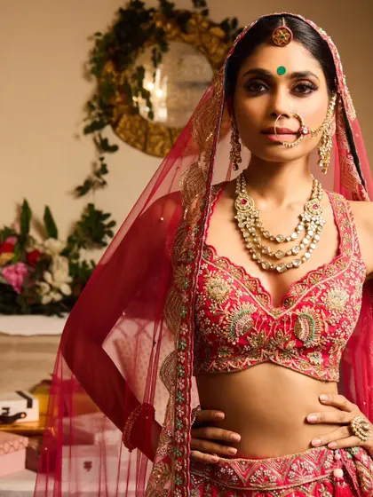 A close-up of this traditional bride's look. The focus is on her expressive eyes, enhanced with kohl, and the beautiful jewelry she is wearing.