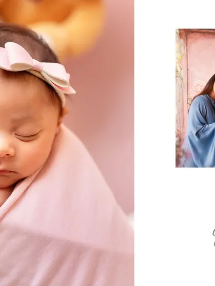 A gorgeous close-up of a sleeping newborn girl with a pink bow, part of a designed collage from a luxury session.