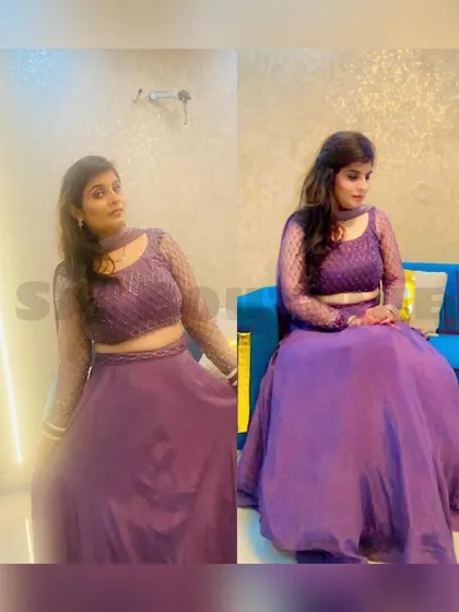 A client looking beautiful in a purple lehenga with a sequined blouse. The simple yet elegant design is perfect for a sangeet or cocktail party.