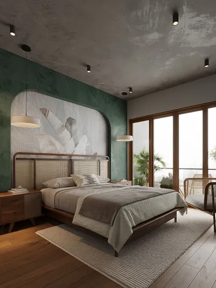 A bedroom from a Bangalore project with a striking green accent wall and a cane headboard. The room opens to a balcony, enhancing the sense of space and light.