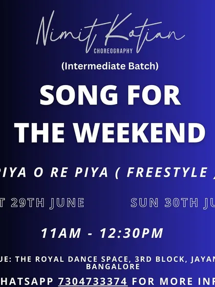 Weekend class announcement for Nimit Kotian's freestyle batch, focusing on a lyrical piece.