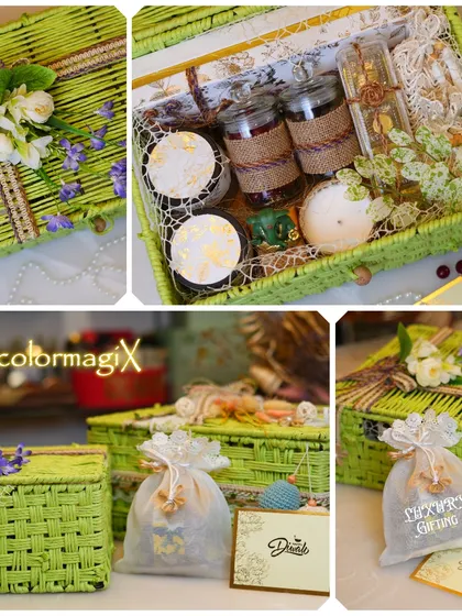 A collage showcasing a unique Diwali hamper in a vibrant green woven box. The images highlight the premium contents, including glass jars with burlap details and a custom "Luxury Gifting" potli bag.