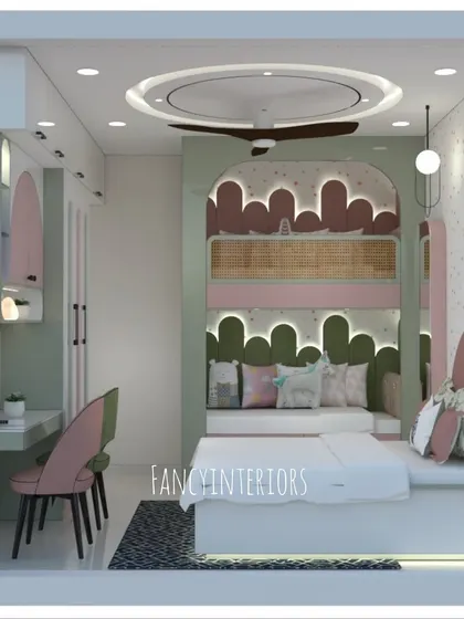 A 3D concept design for a child's bedroom, showcasing our ability to create playful yet practical spaces. This design includes a custom bed with built-in seating, a dedicated study area, and creative wall decor with unique lighting fixtures.