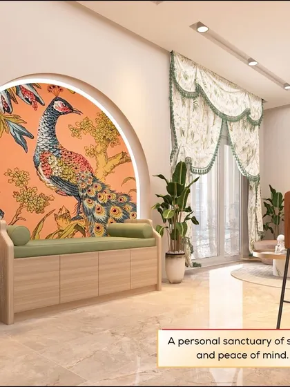 A personal sanctuary of solace and peace. This seating nook with a custom peacock mural is a perfect example of how we blend art and furniture.