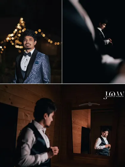 A collage of the groom getting ready, showing him adjusting his suit and looking sharp for the big event. These getting-ready shots are an important part of telling the complete wedding day story.