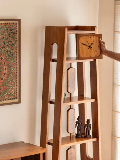 A detailed look at the Mysore Inlay Collection. These images highlight the functional aspects, such as the detachable bench on the bookshelf and the removable tray on the center table, alongside the exquisite craftsmanship.