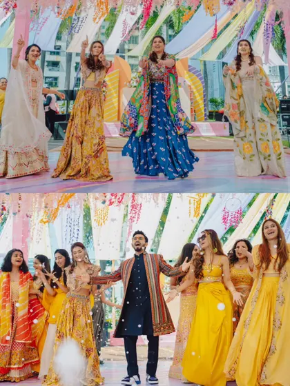 The bride and groom dancing with their respective squads at the Mehendi carnival. These photos showcase the fun and friendly competition of the Sangeet.