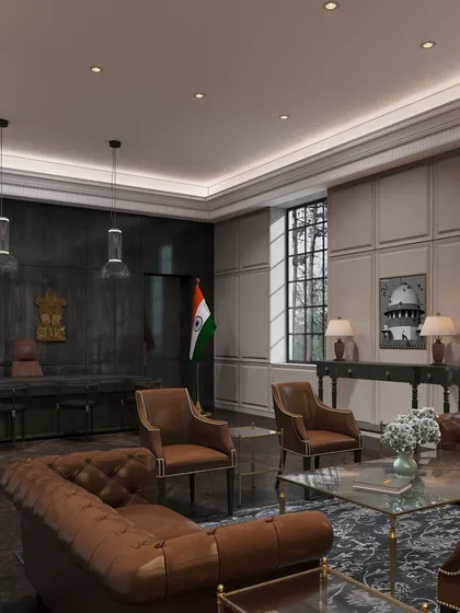 We were honored to design this office within the Supreme Court for the Chief Justice of India. The space balances authority with elegance, featuring rich veneer paneling, bespoke bookshelves, and classic furniture to create an environment of distinguished purpose.