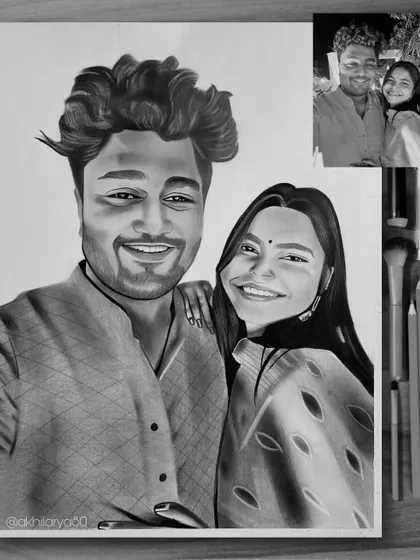 A happy selfie moment turned into a lasting memory with this A3 size graphite sketch. The black and white medium emphasizes their joyful expressions and the closeness between them.