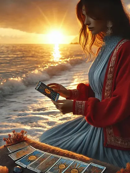 The Sun card represents energy, life, and clarity. Just as the sun awakens the world, it awakens our inner wisdom. Here, a woman connects with its power by the sea, a beautiful reminder of our connection to nature.