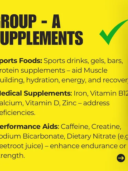 Group A supplements are backed by strong scientific evidence. This includes sports foods like protein for muscle building, medical supplements like Iron and Vitamin D for deficiencies, and performance aids like caffeine and creatine.