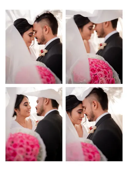 A four-photo collage of intimate moments under the bride's veil, capturing loving glances and gentle touches.