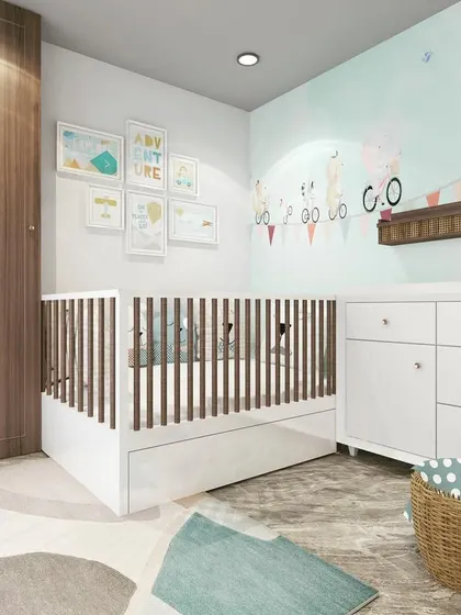 Another render from a nursery design concept. The combination of a white crib and dresser with warm wood accents and a soft blue color palette creates a very soothing and calm environment for a baby.