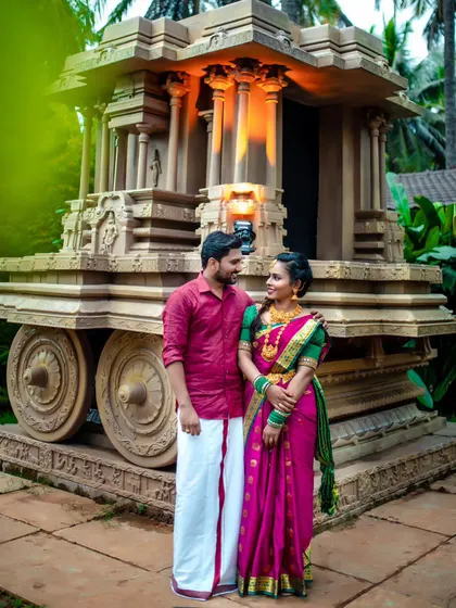 For couples wanting a traditional South Indian pre-wedding shoot, I provide complete styling. This includes the silk saree, temple jewelry, and groom's veshti, along with authentic makeup and hair.