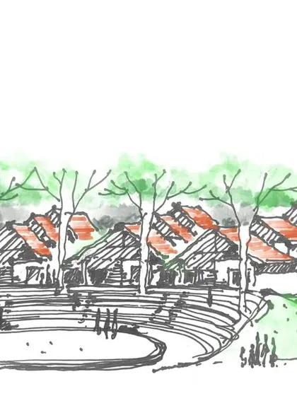 A concept sketch of the amphitheater and academic blocks at Vellore International School. This drawing captures the vision of a campus that resembles a hillside settlement, with buildings nestled into the landscape.