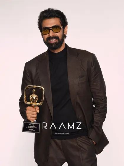 Rana Daggubati accepting his award at the Nexa Streaming Awards. I styled him in a sharp brown suit from Raamz Label that looked incredible on stage.