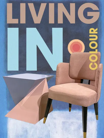 A graphic showcasing our "Living in Colour" concept, featuring a mid-century chair in a soft pink paired with our edgy, geometric "Toffee" side table. This highlights our flair for combining retro and modern styles.