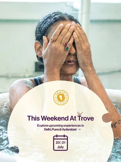 A weekend roundup graphic featuring the powerful image of a participant in our ice bath experience, highlighting our events in Delhi, Pune, and Hyderabad.