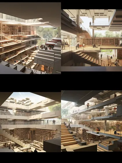 Conceptual explorations using AI for a communal library space in a student hostel. We use technology as a tool to quickly visualize and test complex ideas about multi-level, interactive spaces that are filled with light and nature.