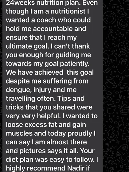 The full testimonial from a nutritionist client who sought my help for accountability and achieved her goals despite illness and injury.