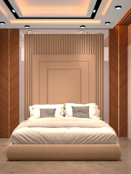 This 3D render illustrates a serene and symmetrical bedroom design. A large, framed upholstered headboard creates a strong focal point, complemented by fluted wood paneling and a cozy window seat for added comfort.