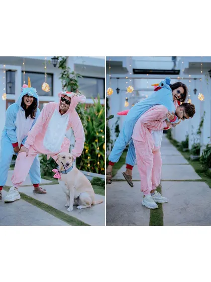 A diptych showing the couple posing with their adorable dog, and a second shot of the bride getting a piggyback ride, all while in onesies.